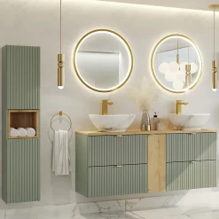 Ensemble Meuble De Salle De Bains|Petits-Meubles Ensemble meuble double vasque 140cm 4 tiroirs miroirs LED et colonne Jade Vert et Bois