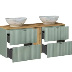 Ensemble Meuble De Salle De Bains|Petits-Meubles Ensemble meuble double vasque 140cm 4 tiroirs miroirs LED et colonne Jade Vert et Bois