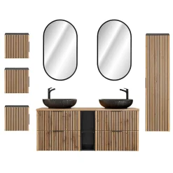 Petits-Meubles Ensemble meuble double vasque 140cm 2 niches miroirs LED colonne et 3 armoires murales Gaia Bois et Noir - Vasque Noir