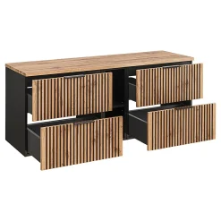 Petits-Meubles Ensemble meuble double vasque 140cm 2 niches miroirs LED colonne et 3 armoires murales Gaia Bois et Noir - Vasque Noir