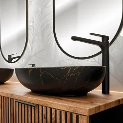 Petits-Meubles Ensemble meuble double vasque 140cm 2 niches miroirs LED colonne et 3 armoires murales Gaia Bois et Noir - Vasque Noir
