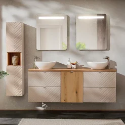 Petits-Meubles Ensemble meuble double vasque 160cm 4 tiroirs panier à linge et colonne Manoa Cachemire et Bois