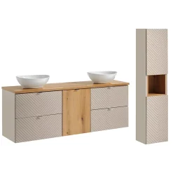 Petits-Meubles Ensemble meuble double vasque 160cm 4 tiroirs panier à linge et colonne Manoa Cachemire et Bois