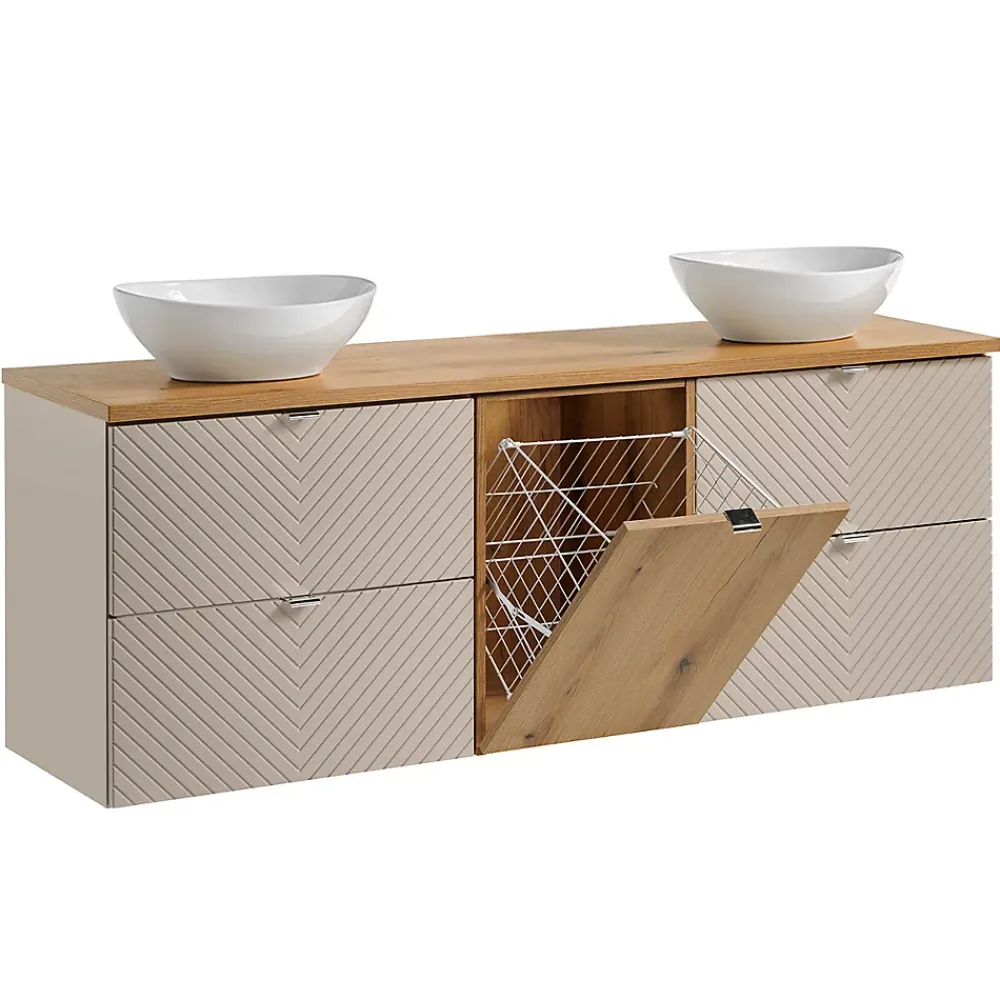 Petits-Meubles Ensemble meuble double vasque 160cm 4 tiroirs panier à linge et colonne Manoa Cachemire et Bois