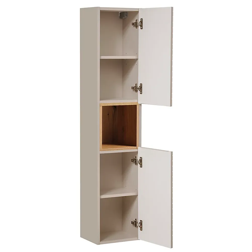 Petits-Meubles Ensemble meuble double vasque 160cm 4 tiroirs panier à linge et colonne Manoa Cachemire et Bois