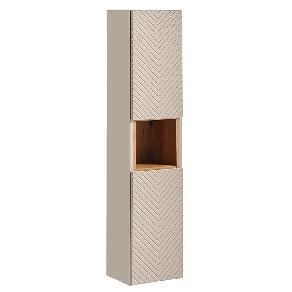 Petits-Meubles Ensemble meuble double vasque 160cm 4 tiroirs panier à linge et colonne Manoa Cachemire et Bois
