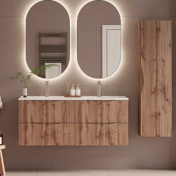 Ensemble Meuble De Salle De Bains|Petits-Meubles Ensemble meuble double vasque encastree 120cm et colonne Tao Bois