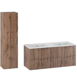 Ensemble Meuble De Salle De Bains|Petits-Meubles Ensemble meuble double vasque encastree 120cm et colonne Tao Bois