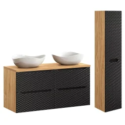 Ensemble Meuble De Salle De Bains|Petits-Meubles Ensemble meuble double vasque 120cm 4 tiroirs et colonne Elora Noir et bois Cloud