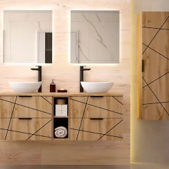 Petits-Meubles Ensemble meuble double vasque 140cm 2 niches et colonne Teren Bois