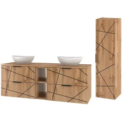 Petits-Meubles Ensemble meuble double vasque 140cm 2 niches et colonne Teren Bois