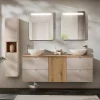 Ensemble Meuble De Salle De Bains|Petits-Meubles Ensemble meuble double vasque 160cm 4 tiroirs panier à linge miroirs LED et colonne Manoa Cachemire et Bois