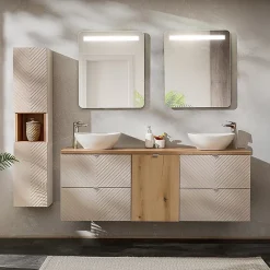 Ensemble Meuble De Salle De Bains|Petits-Meubles Ensemble meuble double vasque 160cm 4 tiroirs panier à linge miroirs LED et colonne Manoa Cachemire et Bois