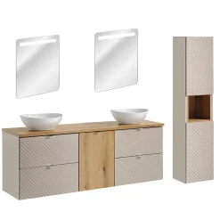 Ensemble Meuble De Salle De Bains|Petits-Meubles Ensemble meuble double vasque 160cm 4 tiroirs panier à linge miroirs LED et colonne Manoa Cachemire et Bois