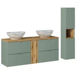 Petits-Meubles Ensemble meuble double vasque 140cm 4 tiroirs et colonne Jade Vert et Bois