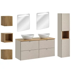Ensemble Meuble De Salle De Bains|Petits-Meubles Ensemble meuble double vasque 120cm 4 tiroirs miroirs LED colonne et 3 armoires murales Manoa Cachemire et Bois