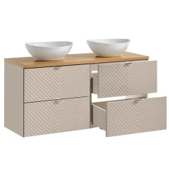 Ensemble Meuble De Salle De Bains|Petits-Meubles Ensemble meuble double vasque 120cm 4 tiroirs miroirs LED colonne et 3 armoires murales Manoa Cachemire et Bois