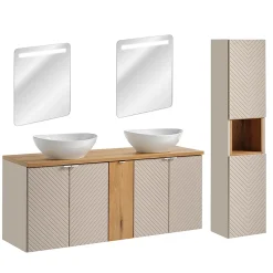 Petits-Meubles Ensemble meuble double vasque 140cm 5 portes miroirs LED et colonne Manoa Cachemire et Bois