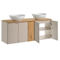 Petits-Meubles Ensemble meuble double vasque 140cm 5 portes miroirs LED et colonne Manoa Cachemire et Bois