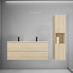 Ensemble Meuble De Salle De Bains|AICA Sanitaire Ensemble meuble double vasque L.120cm chêne 4 tiroirs + lavabo + colonne