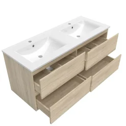 Ensemble Meuble De Salle De Bains|AICA Sanitaire Ensemble meuble double vasque L.120cm chêne 4 tiroirs + lavabo + colonne