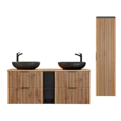 Petits-Meubles Ensemble meuble double vasque 140cm 2 niches et colonne Gaia Bois et Noir - Vasque Noir