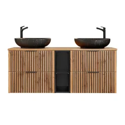 Petits-Meubles Ensemble meuble double vasque 140cm 2 niches et colonne Gaia Bois et Noir - Vasque Noir