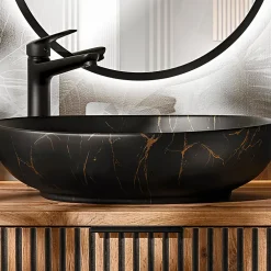 Petits-Meubles Ensemble meuble double vasque 140cm 2 niches et colonne Gaia Bois et Noir - Vasque Noir