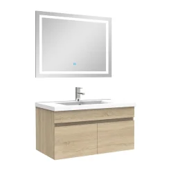 AICA Sanitaire Ensemble meuble et vasque et miroir lumineux 80cm meuble salle de bain Chêne Wotan
