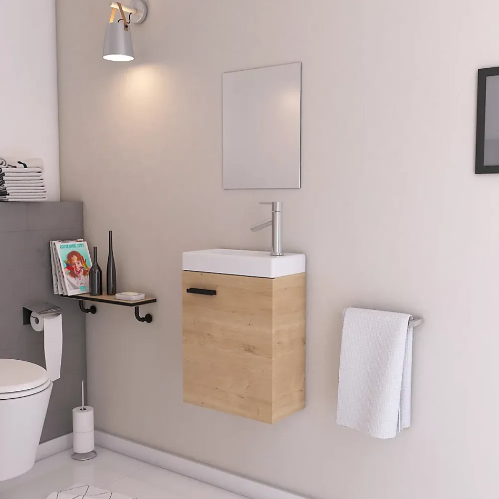 Aurlane Ensemble Meuble Lave Mains décor Bois 41x50x22cm + Miroir - SMALLY WOOD