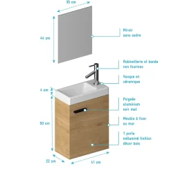 Aurlane Ensemble Meuble Lave Mains décor Bois 41x50x22cm + Miroir - SMALLY WOOD