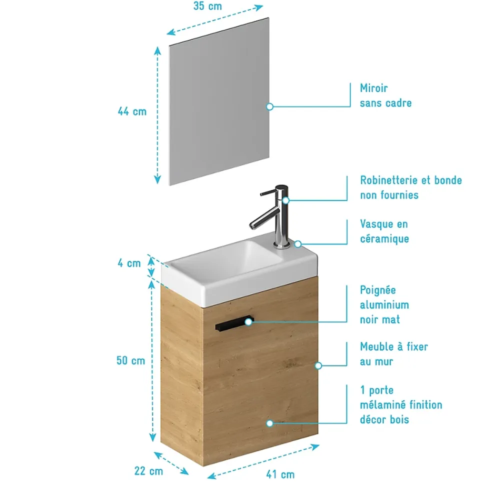 Aurlane Ensemble Meuble Lave Mains décor Bois 41x50x22cm + Miroir - SMALLY WOOD