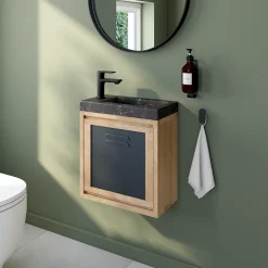 Homesight Ensemble meuble lave-mains à suspendre Indus chêne massif l.44 cm + plan vasque lave-mains effet marbre noir