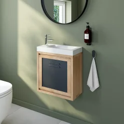 Lave-Mains|Cooke & Lewis Ensemble meuble lave-mains à suspendre Indus chêne massif l.44 cm + plan vasque lave-mains blanc en céramique Nira