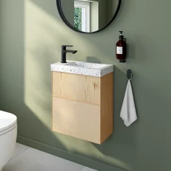 Homesight Ensemble meuble lave-mains Java effet chêne clair et jute l.44 cm + plan vasque lave-mains terrazzo