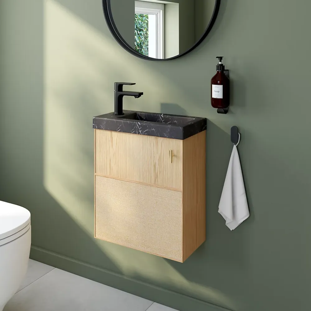 Lave-Mains|Homesight Ensemble meuble lave-mains Java effet chêne clair et jute l.44 cm + plan vasque lave-mains effet marbre noir