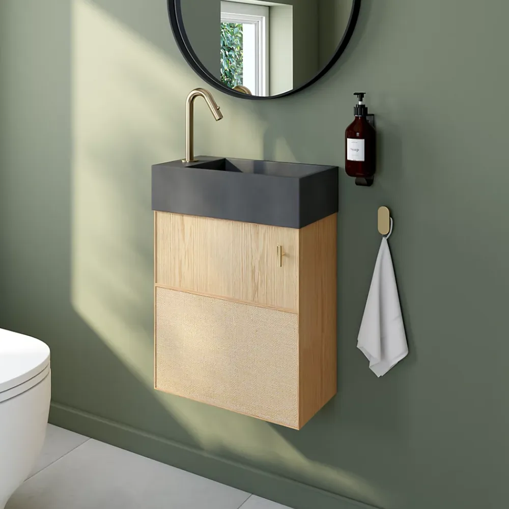 Lave-Mains|Homesight Ensemble meuble lave-mains Java effet chêne clair et jute l.44 cm + plan vasque lave-mains béton gris