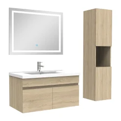 AICA Sanitaire Ensemble meuble salle de bain + vasque + miroir lumineux + colonne 80cm Chêne Wotan
