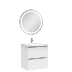AICA Sanitaire Ensemble meuble Salle de Bain 50cm Blanc simple vasque + miroir lumineux rond