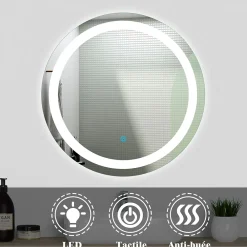 AICA Sanitaire Ensemble meuble Salle de Bain 50cm Blanc simple vasque + miroir lumineux rond