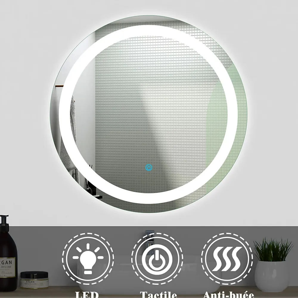 AICA Sanitaire Ensemble meuble Salle de Bain 50cm Blanc simple vasque + miroir lumineux rond