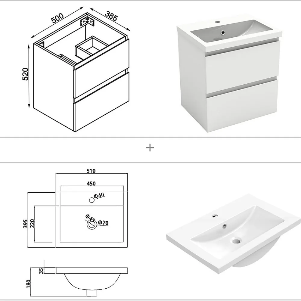AICA Sanitaire Ensemble meuble Salle de Bain 50cm Blanc simple vasque + miroir lumineux rond