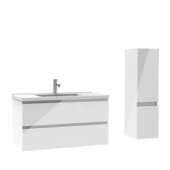Ensemble Meuble De Salle De Bains|AICA Sanitaire Ensemble meuble salle de bain 100 cm blanc brillant avec 2 tiroirs, lavabo céramique simple + colonne, suspendu