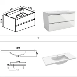 Ensemble Meuble De Salle De Bains|AICA Sanitaire Ensemble meuble salle de bain 100 cm blanc brillant avec 2 tiroirs, lavabo céramique simple + colonne, suspendu