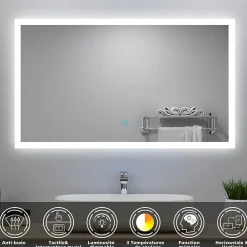 AICA Sanitaire Ensemble meuble Salle de Bain 100cm simple vasque et miroir lumineux 3 couleurs et dimmable blanc