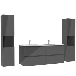 AICA Sanitaire Ensemble meuble salle de bain 120 cm anthracite brillant avec 4 tiroirs, double lavabo céramique + colonne haute x2, suspendu