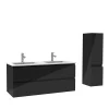 AICA Sanitaire Ensemble meuble salle de bain 120 cm noir brillant avec 4 tiroirs, double lavabo céramique + colonne, suspendu
