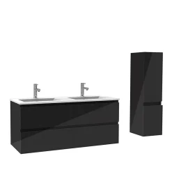 AICA Sanitaire Ensemble meuble salle de bain 120 cm noir brillant avec 4 tiroirs, double lavabo céramique + colonne, suspendu
