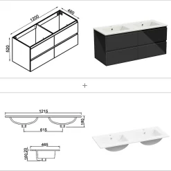 AICA Sanitaire Ensemble meuble salle de bain 120 cm noir brillant avec 4 tiroirs, double lavabo céramique + colonne, suspendu