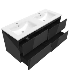 AICA Sanitaire Ensemble meuble salle de bain 120 cm noir brillant avec 4 tiroirs, double lavabo céramique + colonne, suspendu